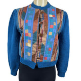 Vintage Button-Up Patchwork Cardigan Sweater With Textured Blue Sleeves Sz S/M