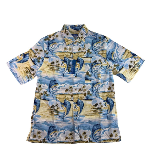 Fishing Life Mens Blue Hawaiian Fishing Shirt Short-Sleeve Casual Sz L