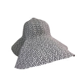 Wide Brim Black & White Cotton Womens Summer Sun Hat With Geometric Print
