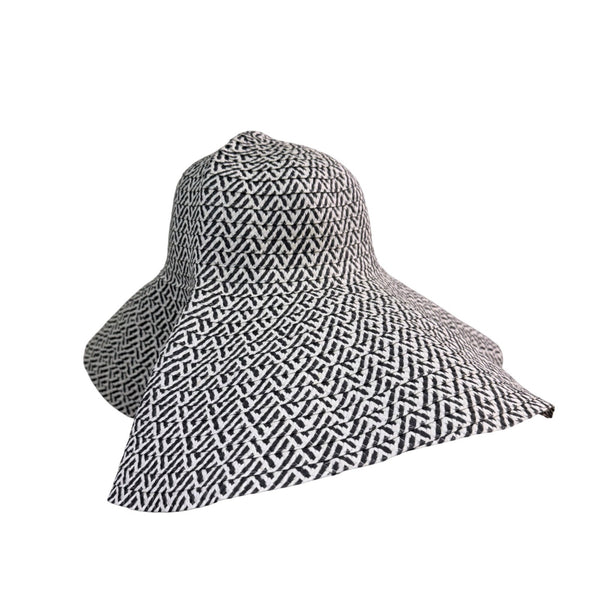Wide Brim Black & White Cotton Womens Summer Sun Hat With Geometric Print