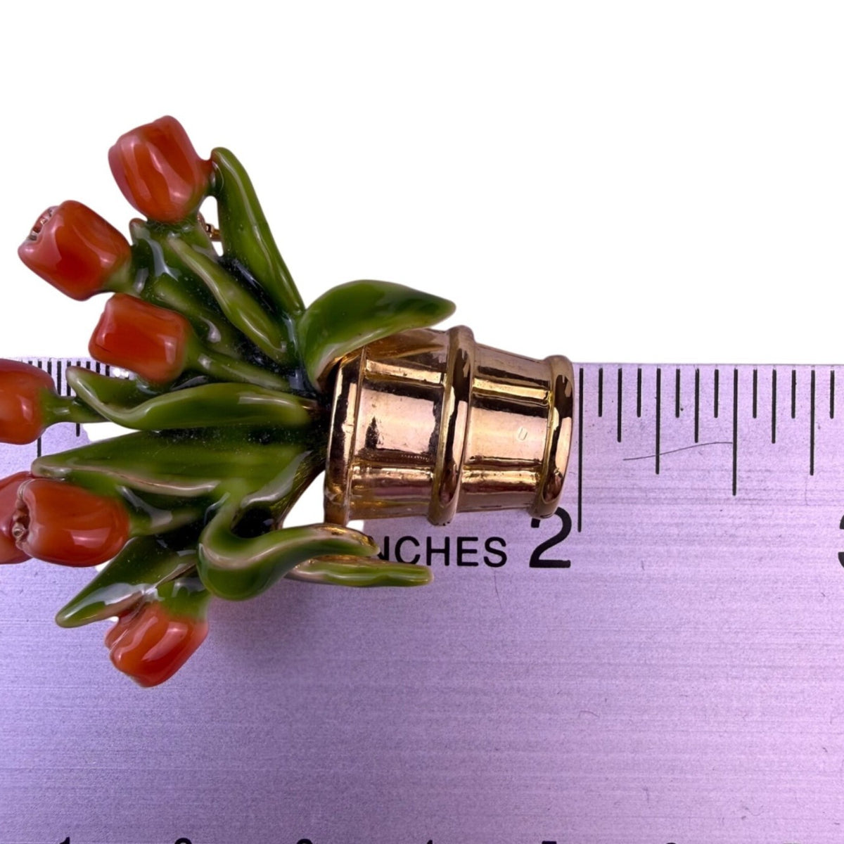Vintage Gold Tone Enameled Brooch Orange & Green Tulip Flower Basket