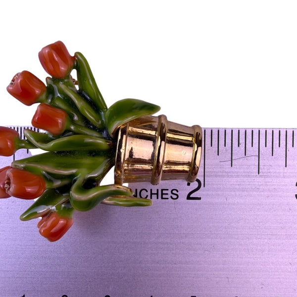 Vintage Gold Tone Enameled Brooch Orange & Green Tulip Flower Basket