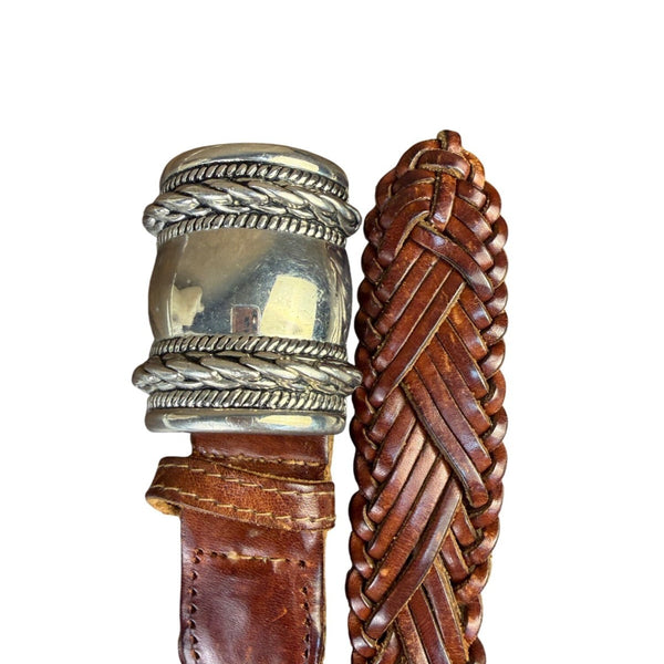 Ann Taylor Womens Brown Genuine Leather Braided Belt Silver-Tone Buckle Accents