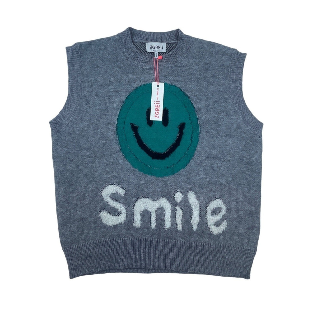The Greii M Sleeveless Grey Knit Sweater With Smile Face Graphic New