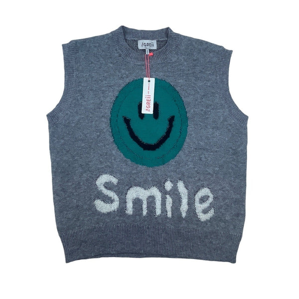The Greii M Sleeveless Grey Knit Sweater With Smile Face Graphic New