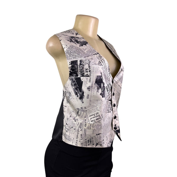 Gouda New York Womens Black & Ivory Newspaper Print Vest Stylish Button Up Sz L