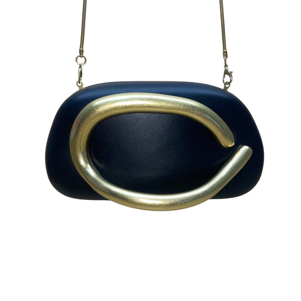 Women’s Black PU Leather With Sculptural Curved Gold Handle Crossbody Clutch