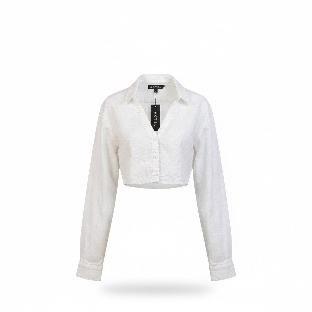 Motel Womens White Cotton Cropped Button-Up Long Sleeve Collared Shirt Size XS