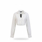 Motel Womens White Cotton Cropped Button-Up Long Sleeve Collared Shirt Size XS
