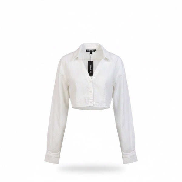 Motel Womens White Cotton Cropped Button-Up Long Sleeve Collared Shirt Size XS
