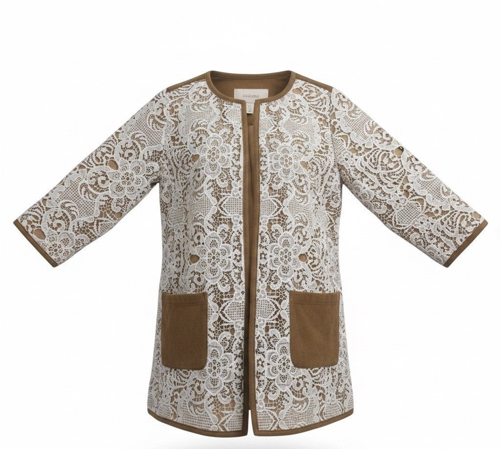 Chicos Womens Tan Lace Overlay Knit Jacket With Pockets & 3/4 Sleeves Size 2