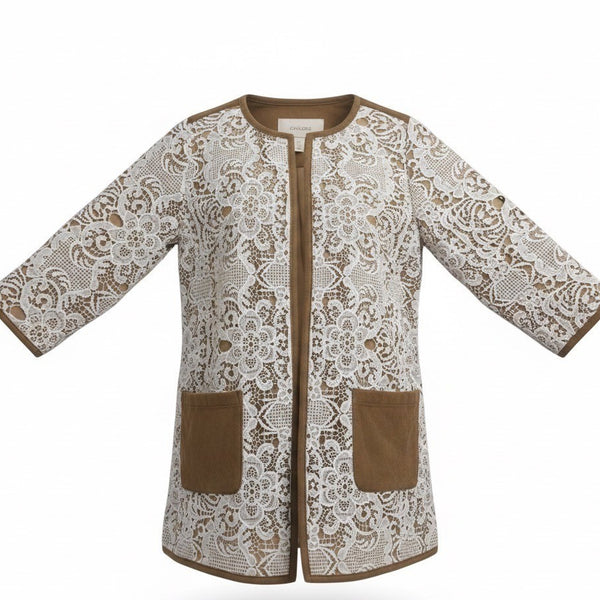 Chicos Womens Tan Lace Overlay Knit Jacket With Pockets & 3/4 Sleeves Size 2