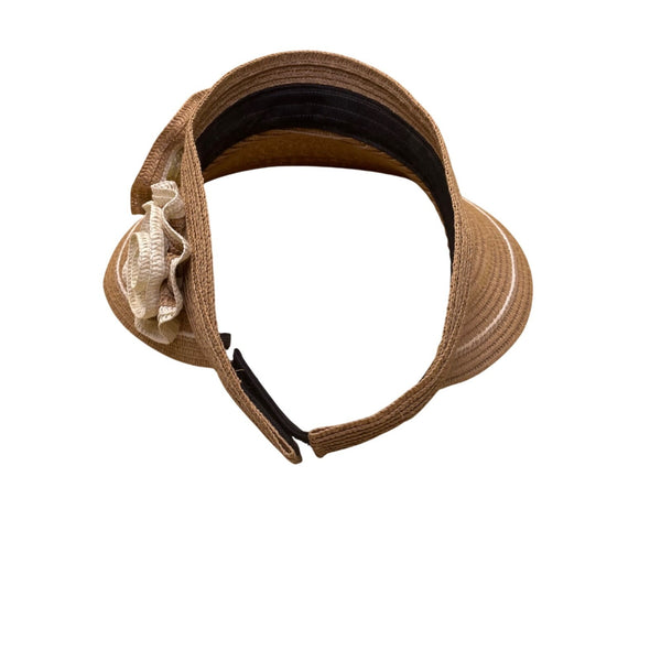 Beige Woven Womens Straw Sun Visor With Floral Accent Adjustable  Closure