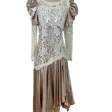 Vintage Cachet Women’s Beige & Ivory Lace Satin Puff Sleeve Midi Dress