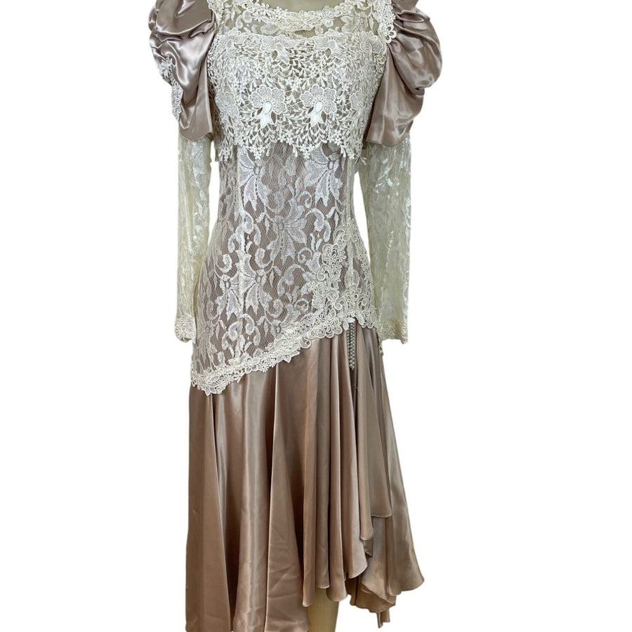 Vintage Cachet Women’s Beige & Ivory Lace Satin Puff Sleeve Midi Dress
