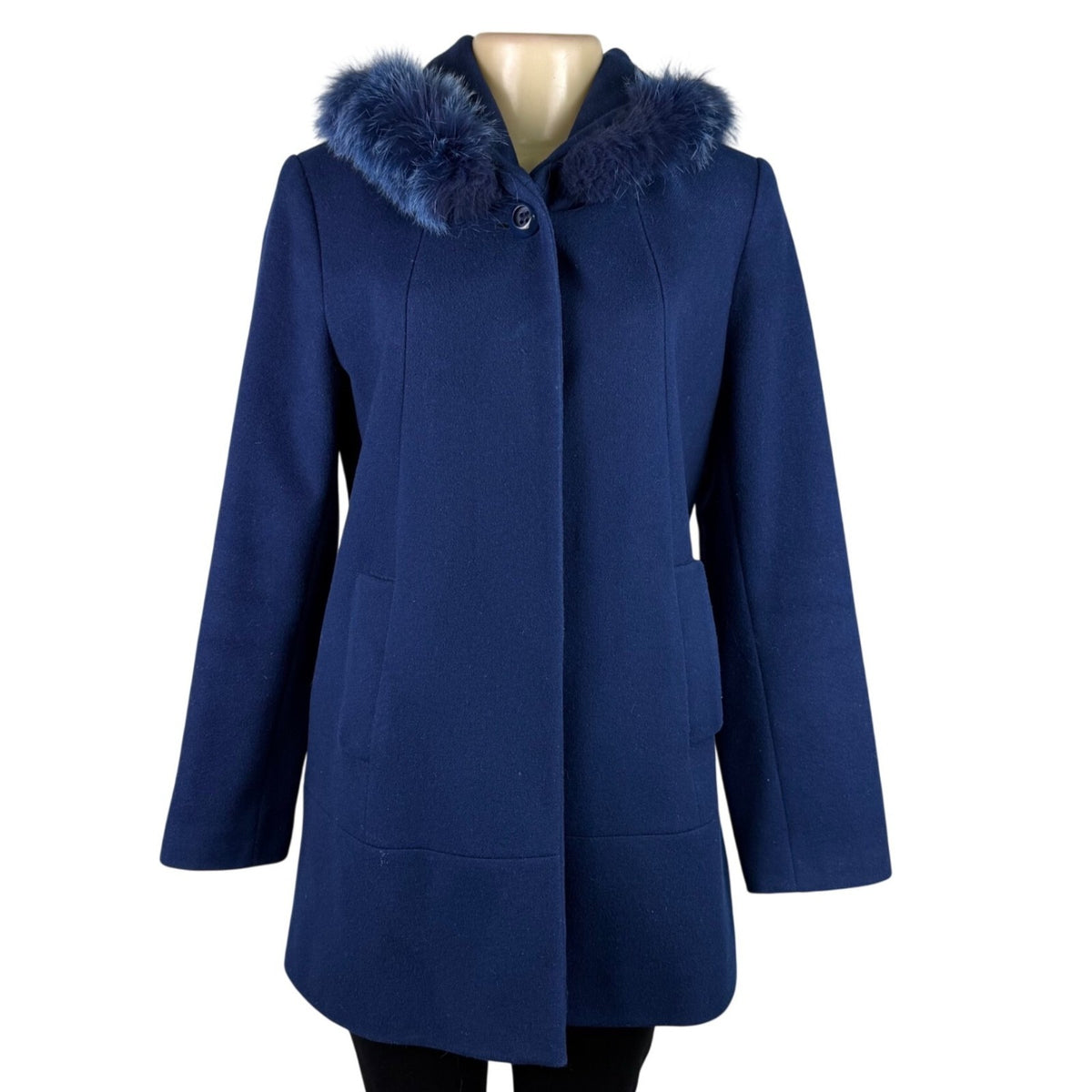 Pendleton Womens Navy Wool & Cashmere Coat With Fox Fur Trim Hood Size 8