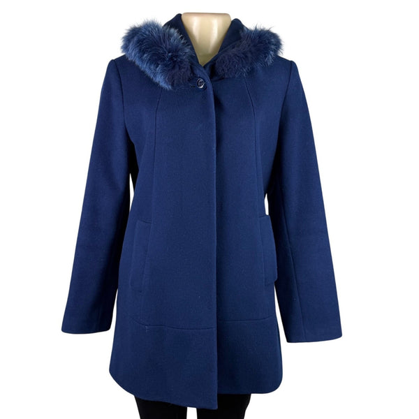 Pendleton Womens Navy Wool & Cashmere Coat With Fox Fur Trim Hood Size 8