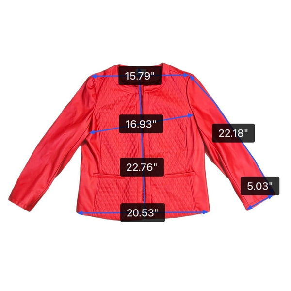 Chicos Red Quilted Faux Leather Jacket Open Front Diamond Stitching Women Sz1