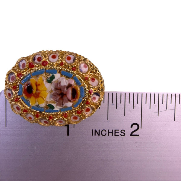Italian Micro Mosaic Gold Tone Floral Oval Brooch Elegant Vintage Design