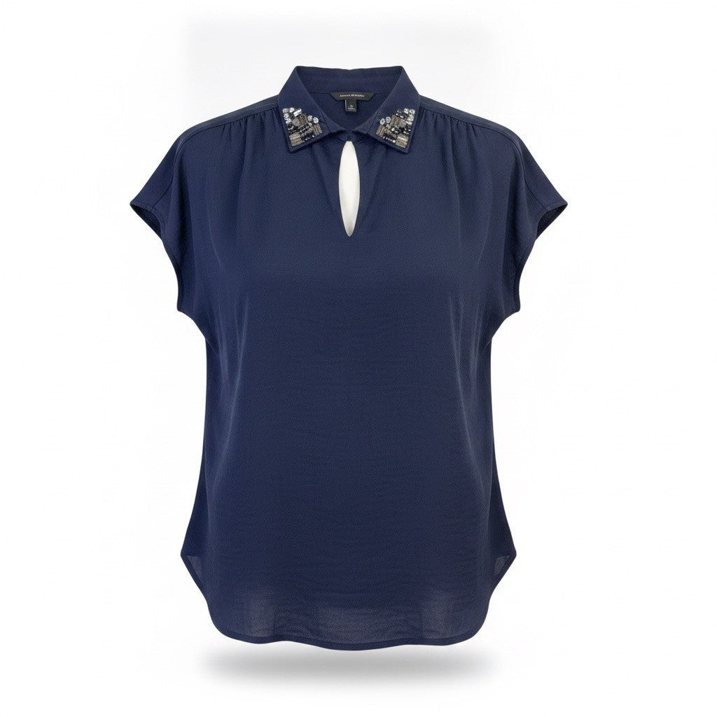 Banana Republic Womens Navy Embellished Collar Modal Sleeveless Blouse Size M