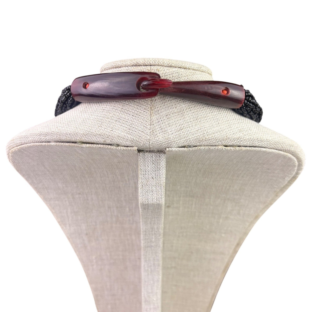 Vintage Black Glass Beads Multistrand Necklace With Unique Red Clasp Design