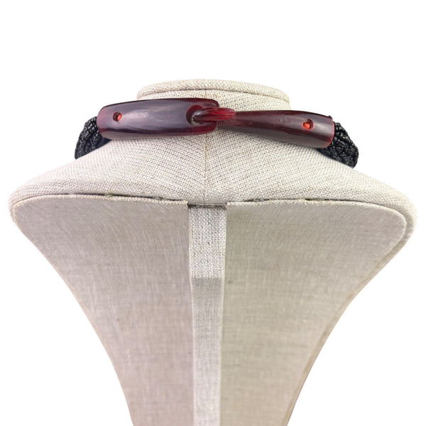 Vintage Black Glass Beads Multistrand Necklace With Unique Red Clasp Design