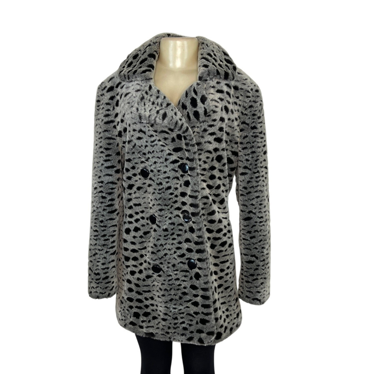 Unique New York Women's Grey Faux Leopard Fur Double-Breasted Coat Sz S
