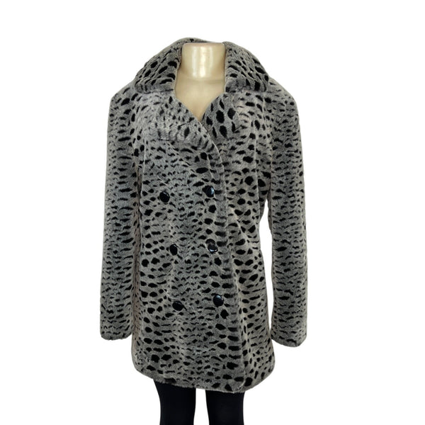Unique New York Women's Grey Faux Leopard Fur Double-Breasted Coat Sz S