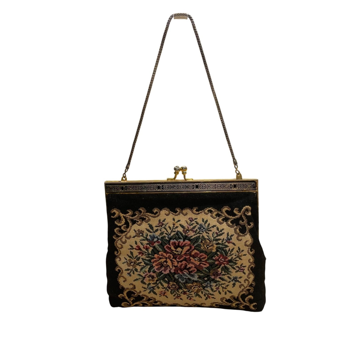 Vintage Women’s Black Floral Embroidered Gold Frame & Chain Strap Purse Handbag