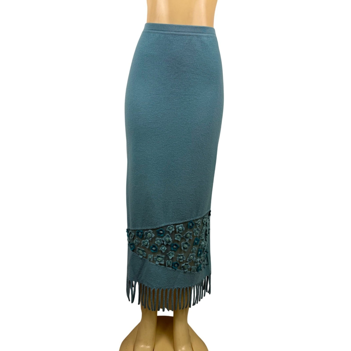 Rickie Treeman Teri Jon Womens Teal Wool Skirt & Scarf Set Fringed Floral Sz XL