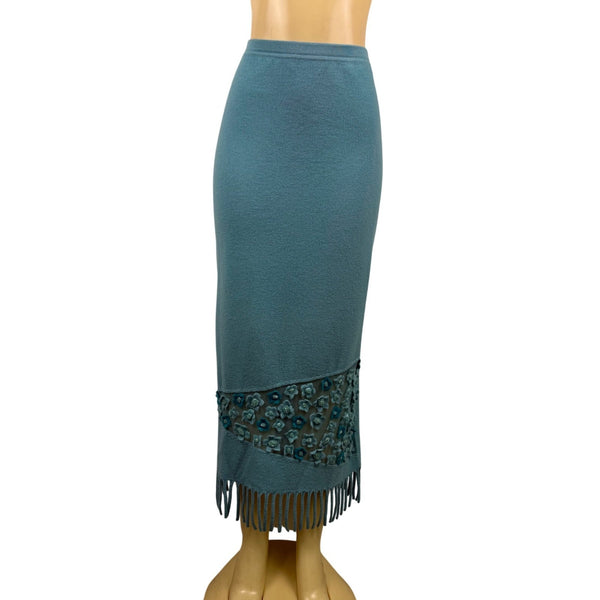 Rickie Treeman Teri Jon Womens Teal Wool Skirt & Scarf Set Fringed Floral Sz XL