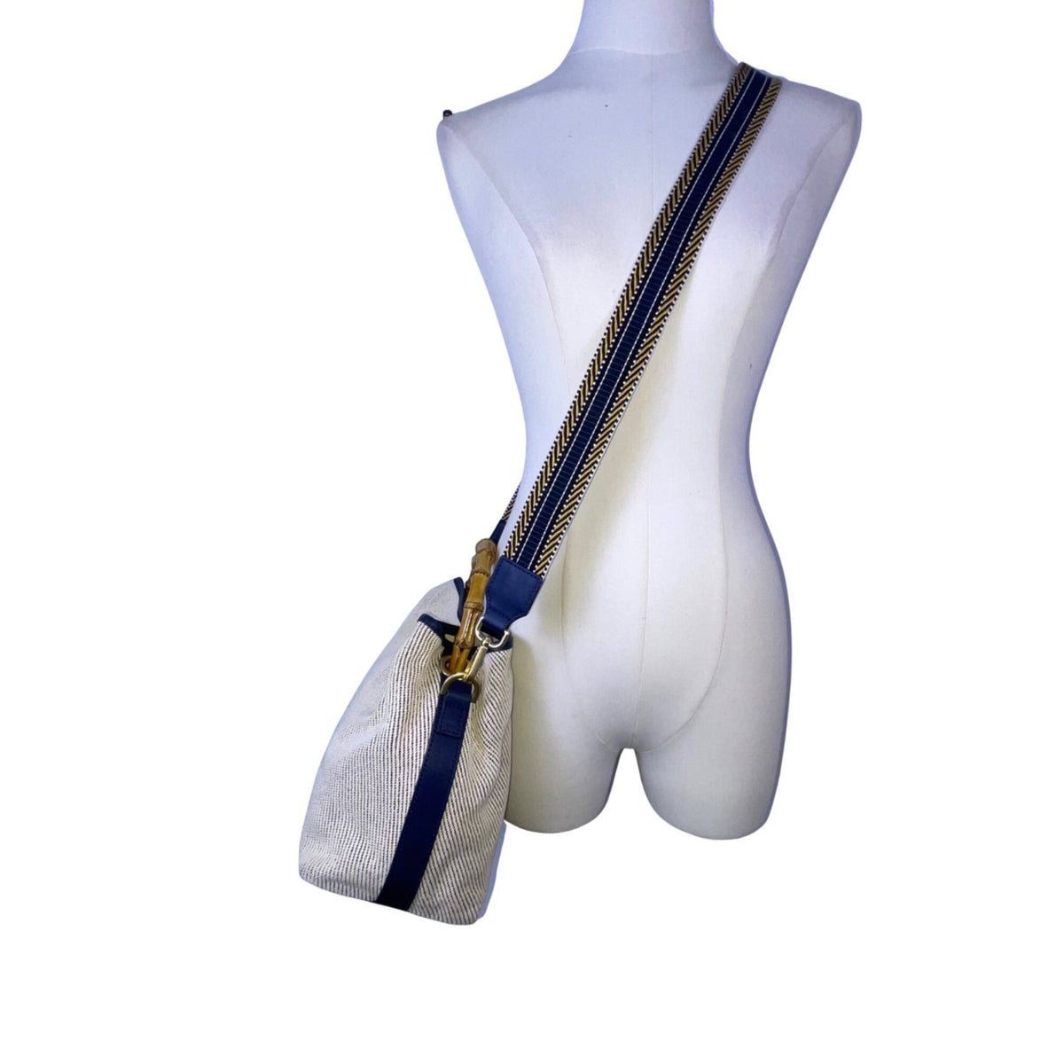J.McLaughlin Women’s White & Blue Canvas Bamboo Handle Shoulder Bag