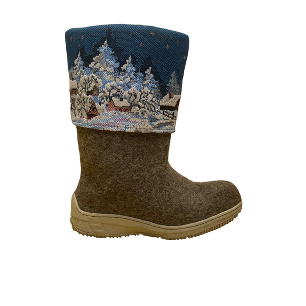 Felt Wool Winter Boots Gray Blue Embroidered Snow Village Design Size 38