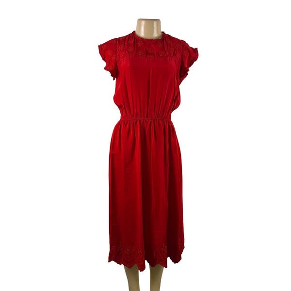 The Great Women’s Red Silk Embroidered Midi Dress Feminine Short Sleeves Size 0