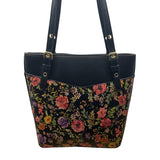Anne Klein Floral Print Black Faux Leather Gold Accent Zipper Closure Tote Bag