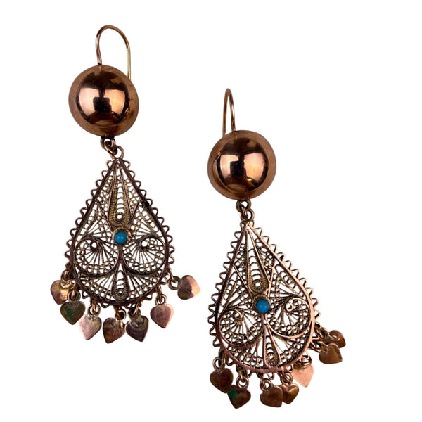 Vintage Ladies Gold Tone Filigree Dangle Earrings With Turquoise Accents