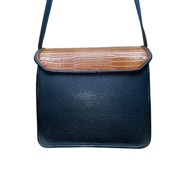 Black & Brown Faux Croc Embossed Leather Flap Magnetic Closure Crossbody Bag