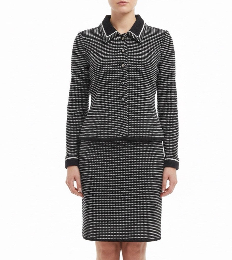 St. John Womens Black Knit Jacket & Skirt Set White Dotted Pattern Size  4 & 6
