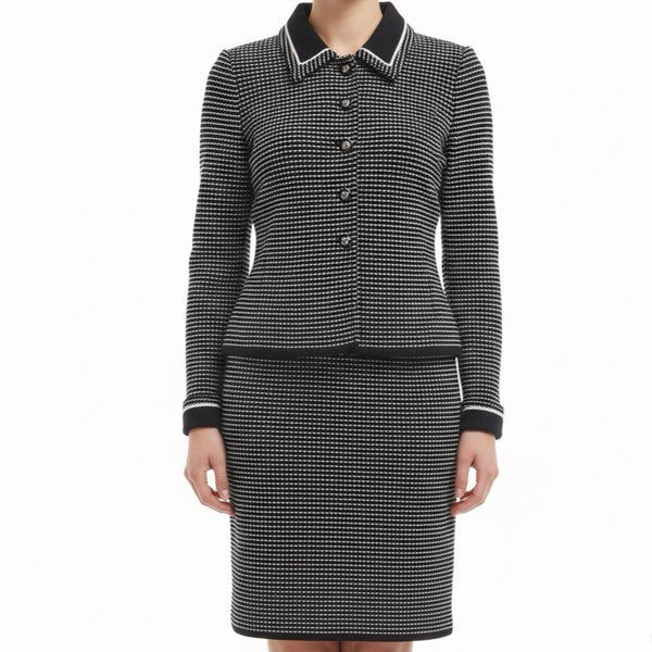St. John Womens Black Knit Jacket & Skirt Set White Dotted Pattern Size  4 & 6