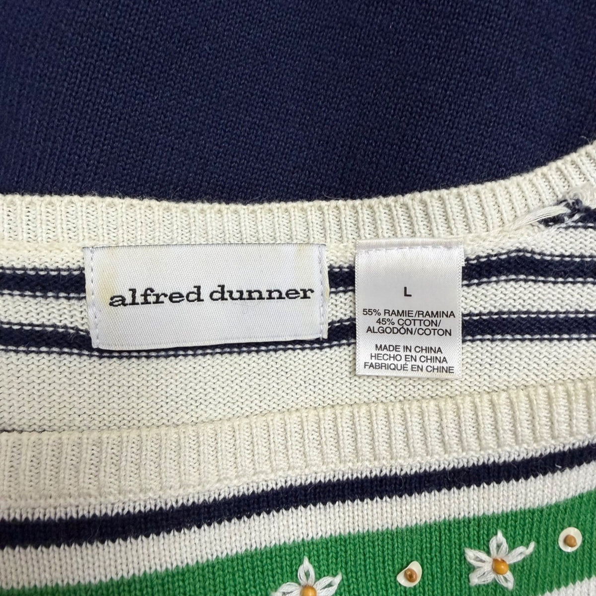 Alfred Dunner Womens Blue Green White Cotton Blend Floral Striped Sweater Size L