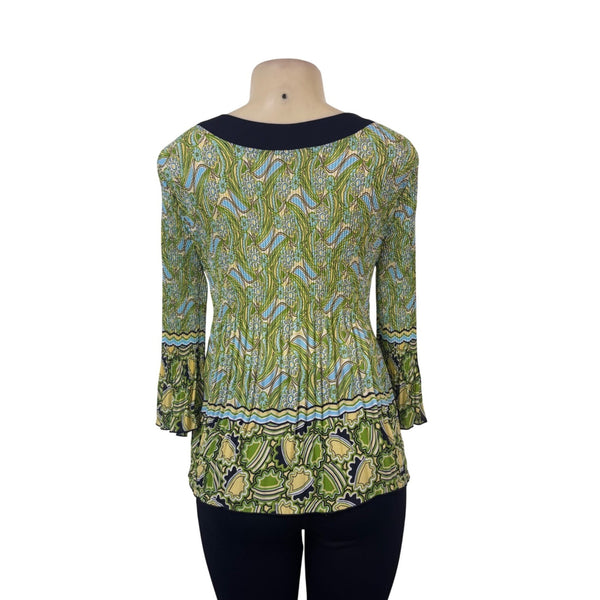 Nicola Womens Green/Blue Keyhole-Neck Boho Tunic With Bell Sleeves Sz P/M