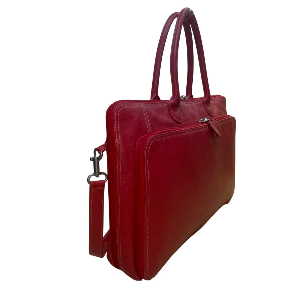 Levenger Women’s Red Leather Briefcase Laptop Bag Dual Handles & Shoulder Strap
