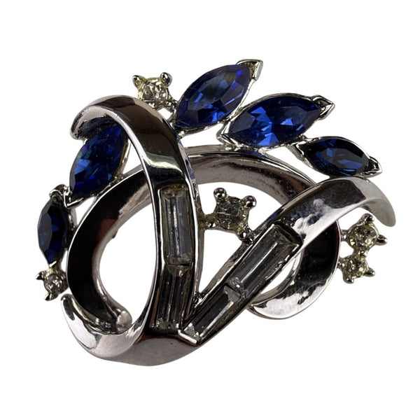 Trifari Vintage Silver Tone Rhinestone Sapphire Blue Crescent Brooch Pin Elegant