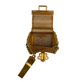 Miniature Vintage Gold-Toned Mesh Pillbox With Chain Clip & Rhinestone Detail