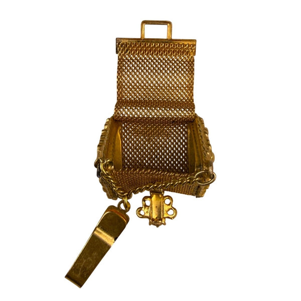 Miniature Vintage Gold-Toned Mesh Pillbox With Chain Clip & Rhinestone Detail