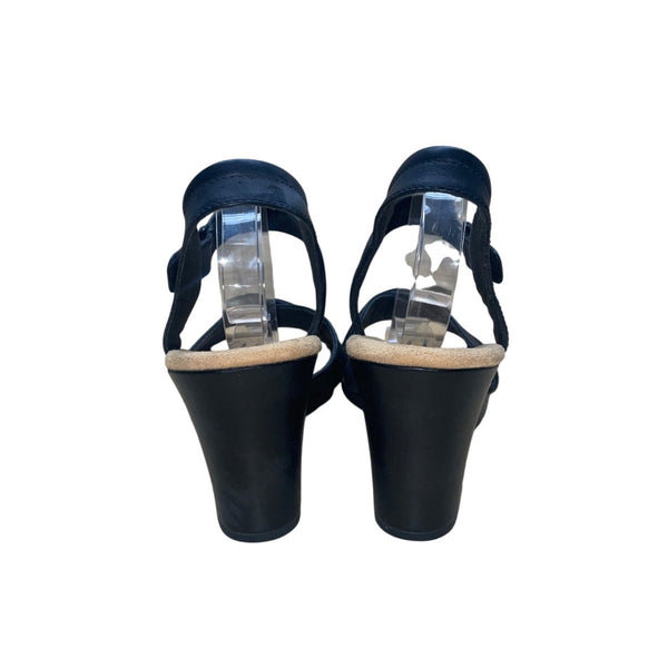 Clarks Women’s Black Leather Adhesive Strap Tulip Gem Wedge Sandals Size 11M