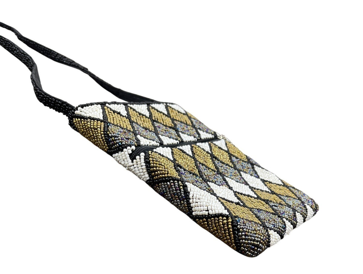 Beaded Harlequin Pattern Black Gold Silver White Crossbody Bag Sz S