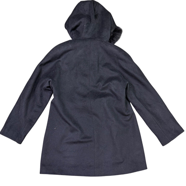 Ellen Tracy Womens Black Wool Blend Hooded Coat W/ Faux Fur Trim Size 8P