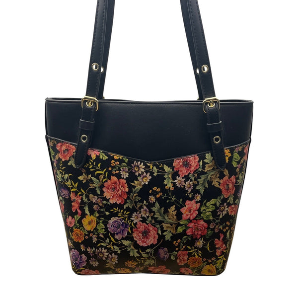 Anne Klein Floral Print Black Faux Leather Gold Accent Zipper Closure Tote Bag