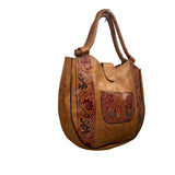 Handcrafted Women’s Brown Leather With Red Floral Details Peacock-Print Tote Bag